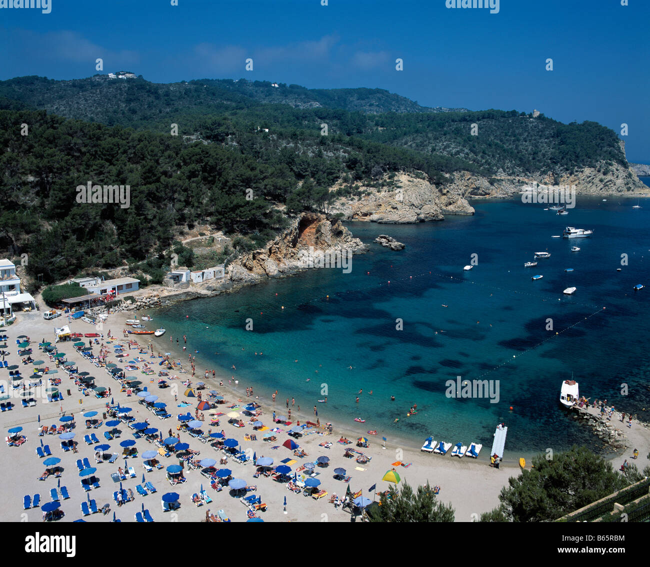 Beach and Bay at Puerto San Miguel, Ibiza, Balearics, Spain Stock Photo