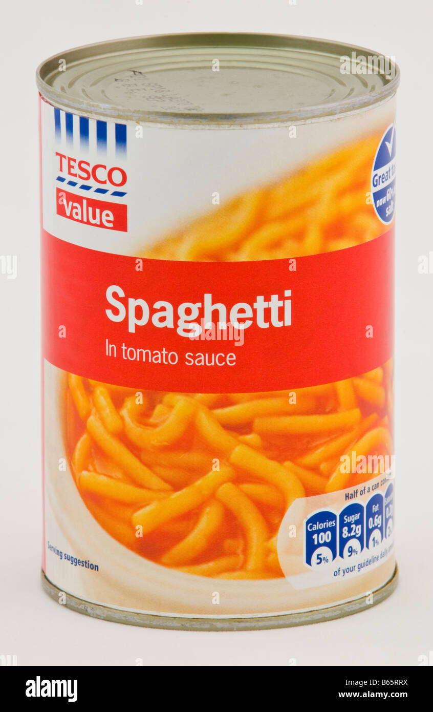 Spaghetti in tomato sauce costing 14p part of the Tesco value range of cheap food sold in the UK Stock Photo