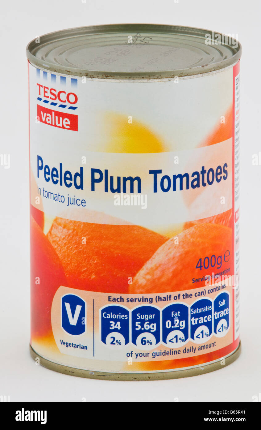 Peeled plum tomatoes in tomato juice costing 33p part of the Tesco value range of cheap food sold in the UK Stock Photo