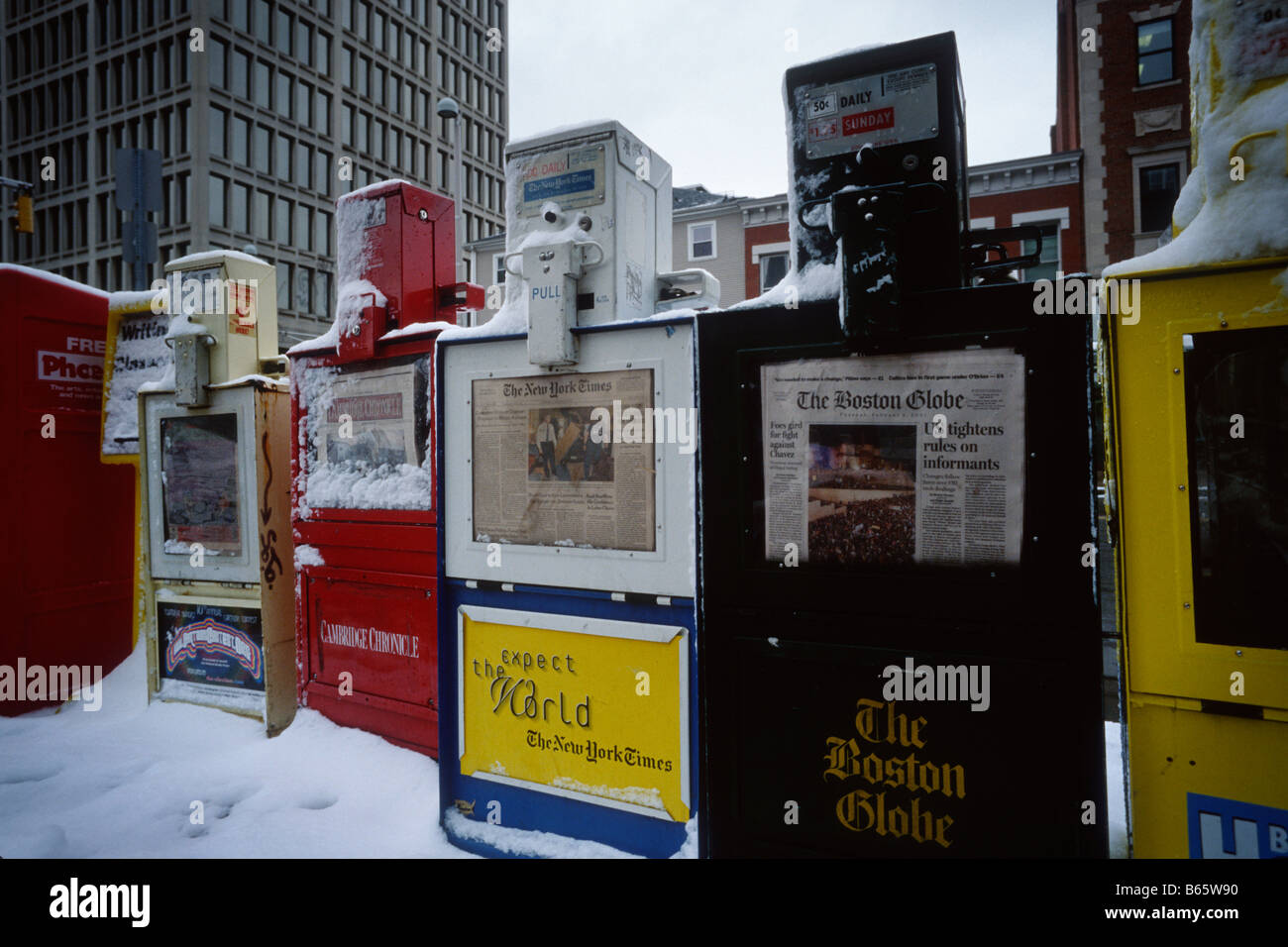 Boston USA Newspaper dispensers on sidewalk Stock Photo