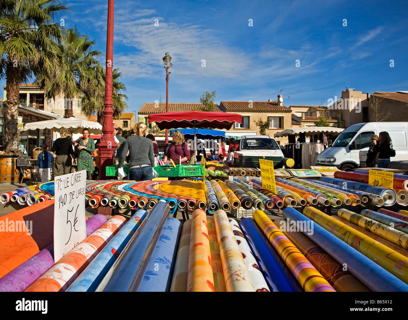 Colourful Stalls on Market Day, Gruissan, Languedoc Roussillon, France Stock Photo