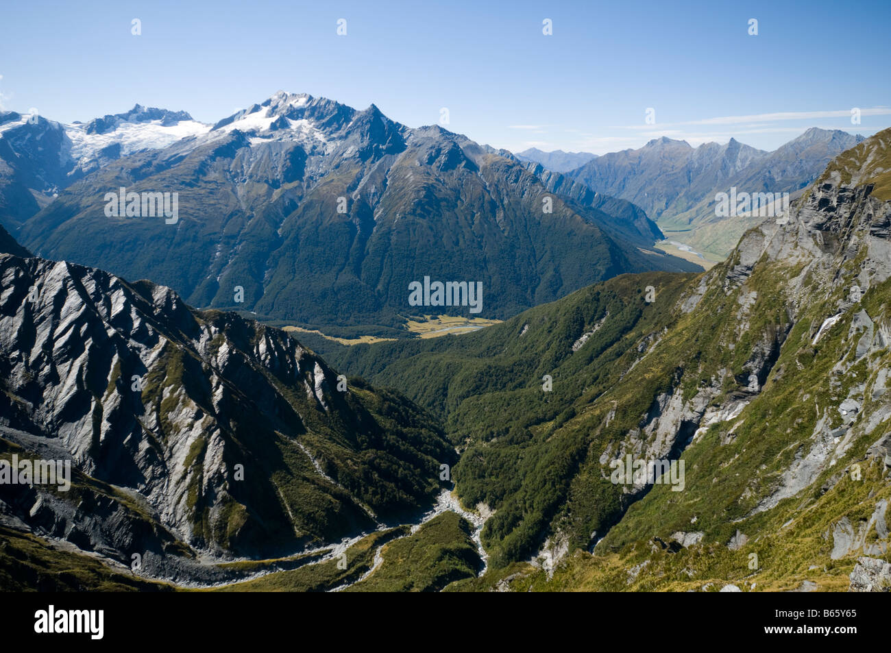 The Matukituki Valley from the Cascade Saddle, Mount Aspiring National Park, South Island, New Zealand Stock Photo