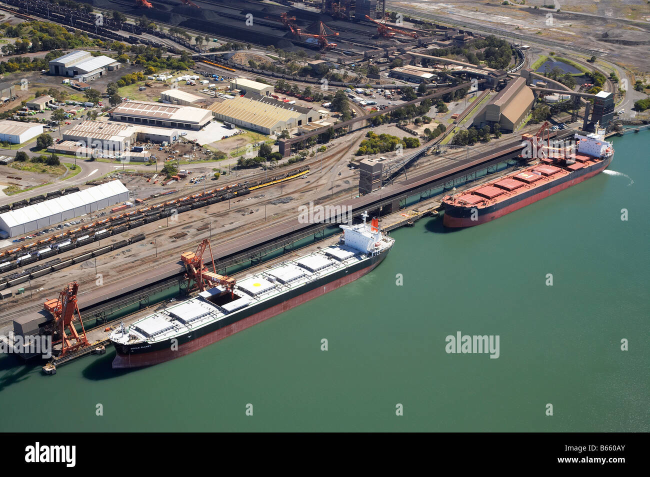 Bulk Coal Ships Loading at Carrington Coal Terminal Newcastle New South Wales Australia aerial Stock Photo