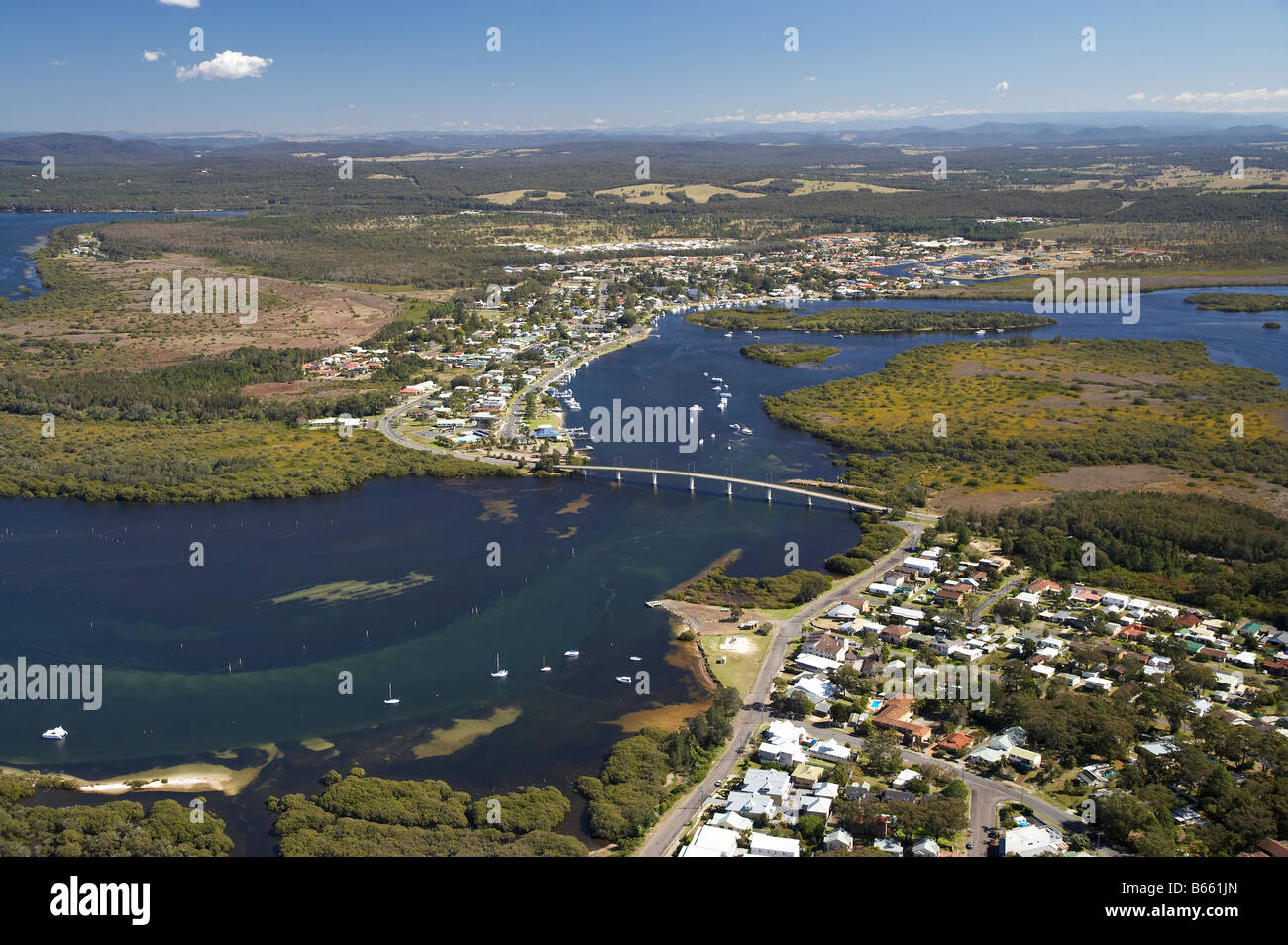 Hawks Nest front Myall River Singing Bridge and Tea Gardens Port