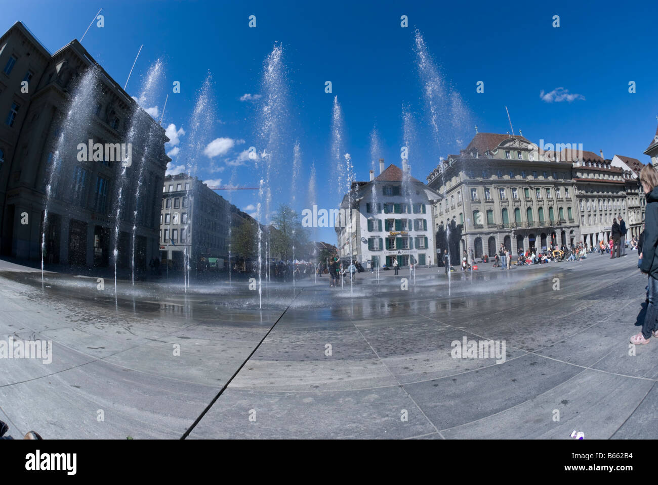 Fountain  in front of the Swiss Parliament building, on Bundesplatz in Bern, Switzerland Stock Photo