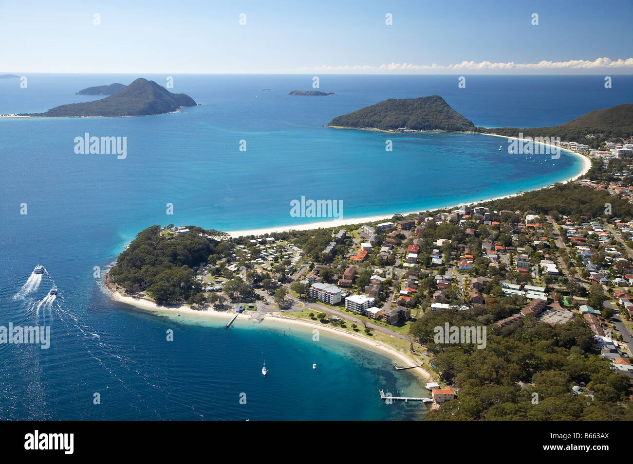 Nelson Head Nelson Bay closest Shoal Bay distance and Tomaree Head Port Stephens New South Wales Australia aerial Stock Photo