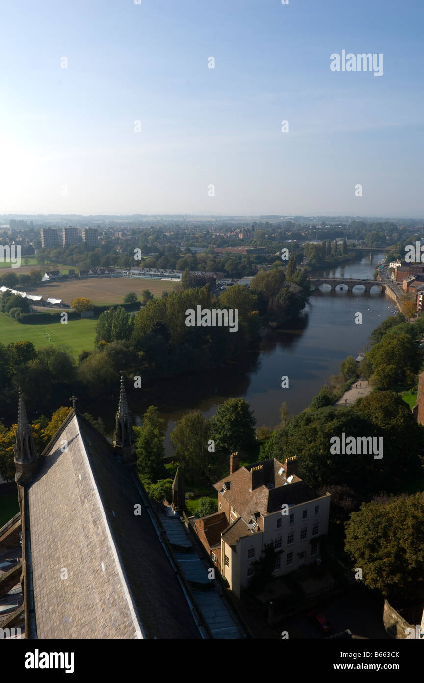 Arial view over the River Severn from Worcester Cathedral City of Worcester Worcestershire England Great Britain Europe Stock Photo