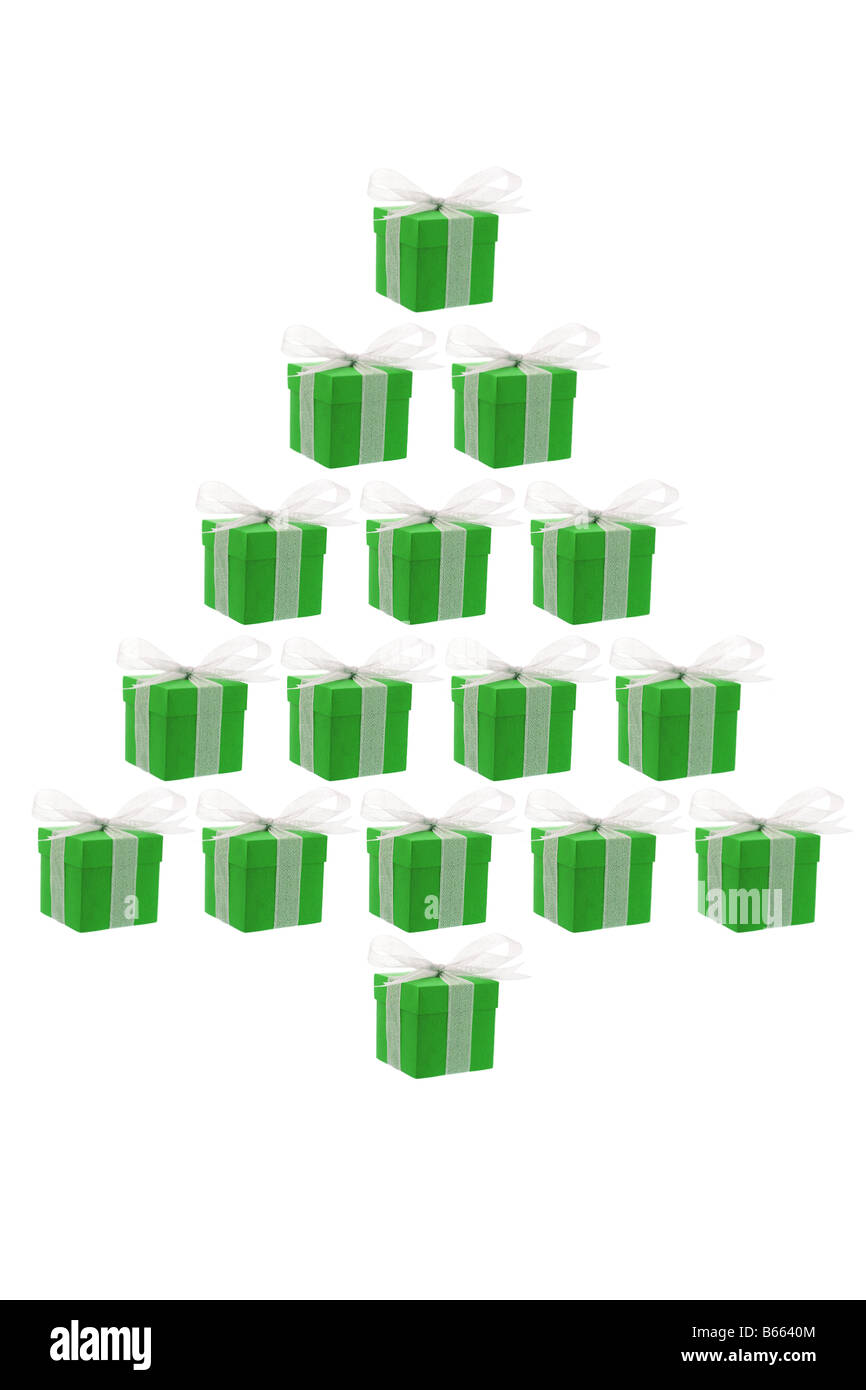 green gift boxes arranged in the shape of Christmas tree on white background Stock Photo