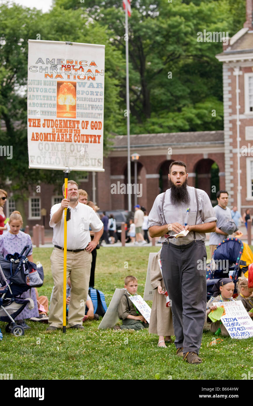 Preaching in front of Independence hall on the 4th of july Stock Photo