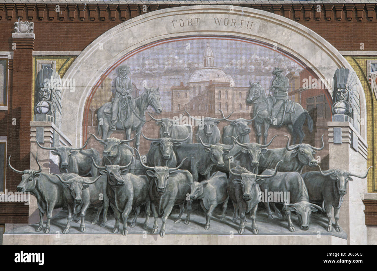 Mural of Chisholm Trail Cowboys Sundance Square Fort Worth Texas US Stock Photo