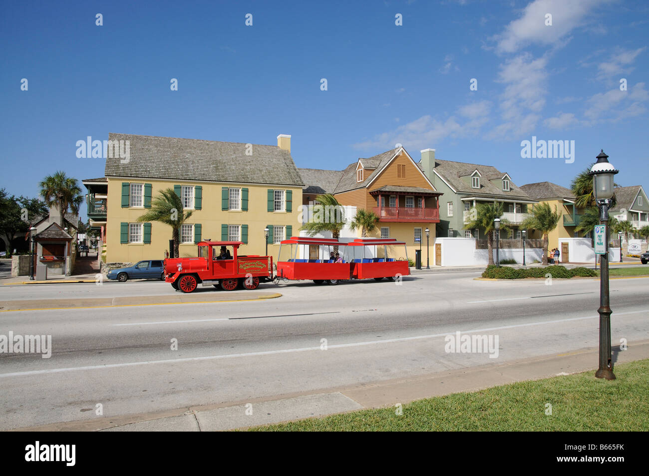 St Augustine Florida USA tourist tram train and properties on Avenida Menendez in this historic city Florida America USA Stock Photo