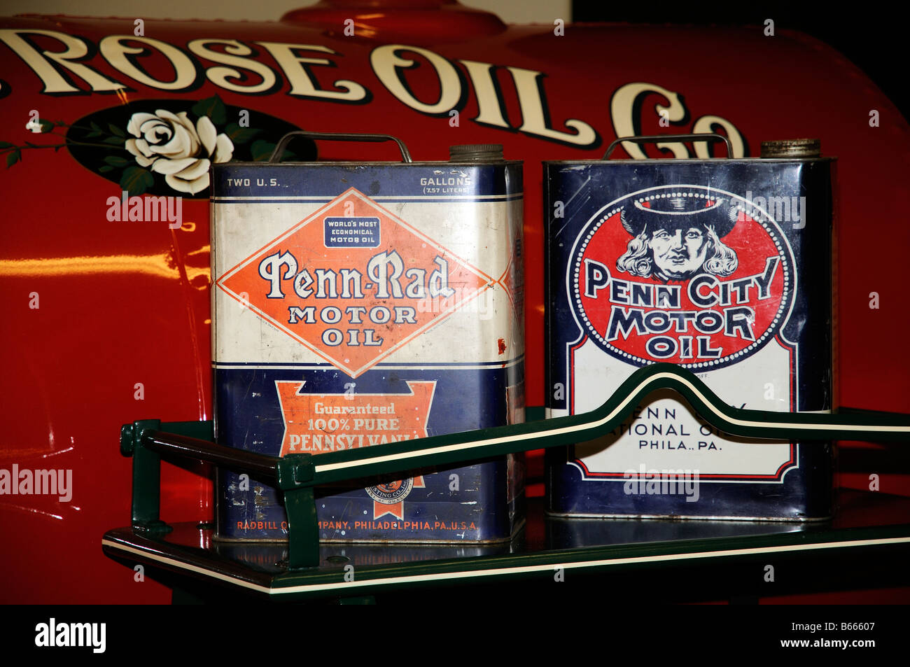 Old oil cans Penn Rad and Penn City motor oils in two US gallon cans