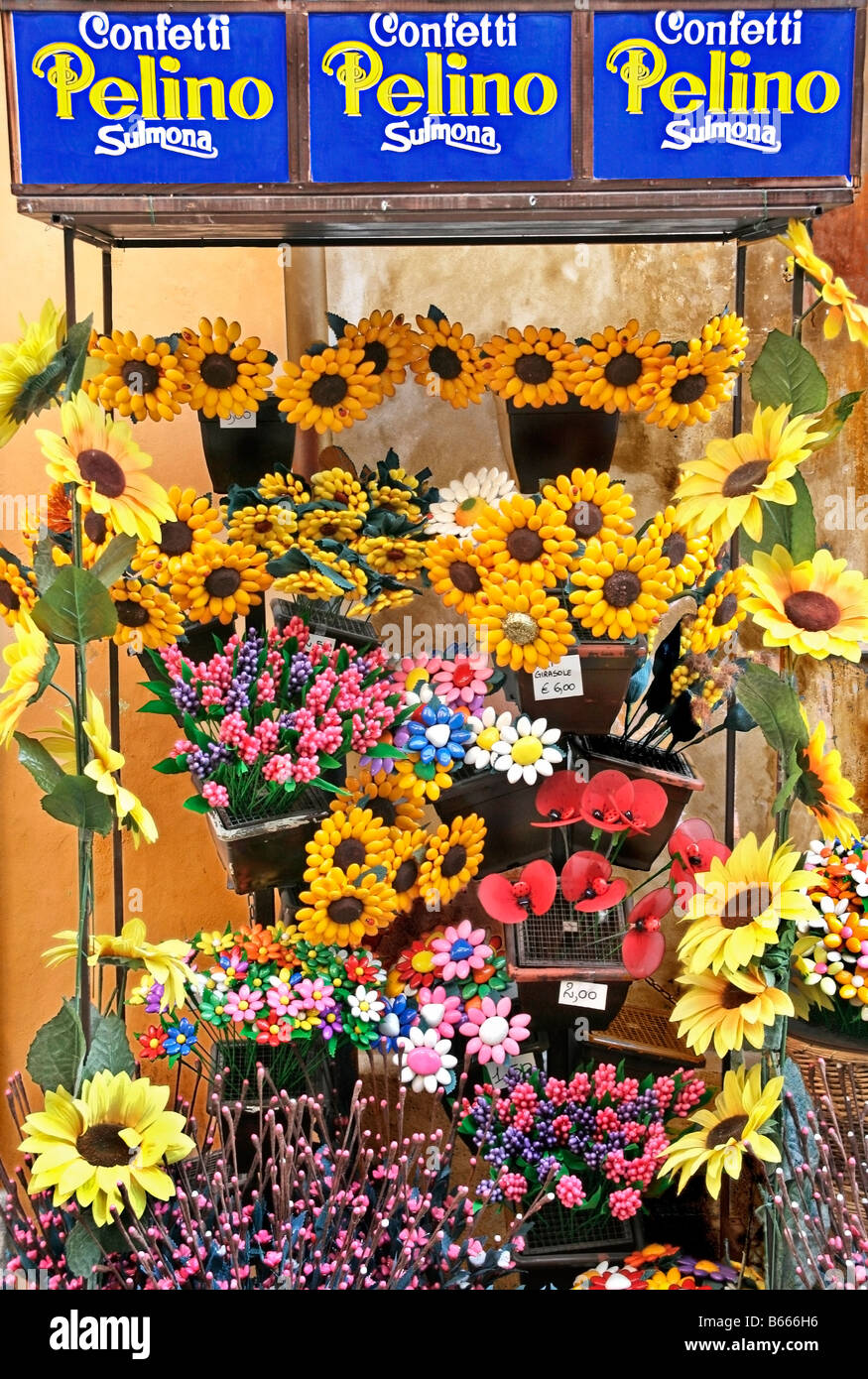 Sugarcoated almonds, called “confetti”, for sale in street in Sulmona
