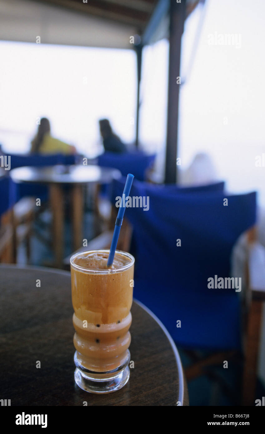 A Greek Frappe or cold ice coffee in Perdika, Aegina, Greece Stock Photo