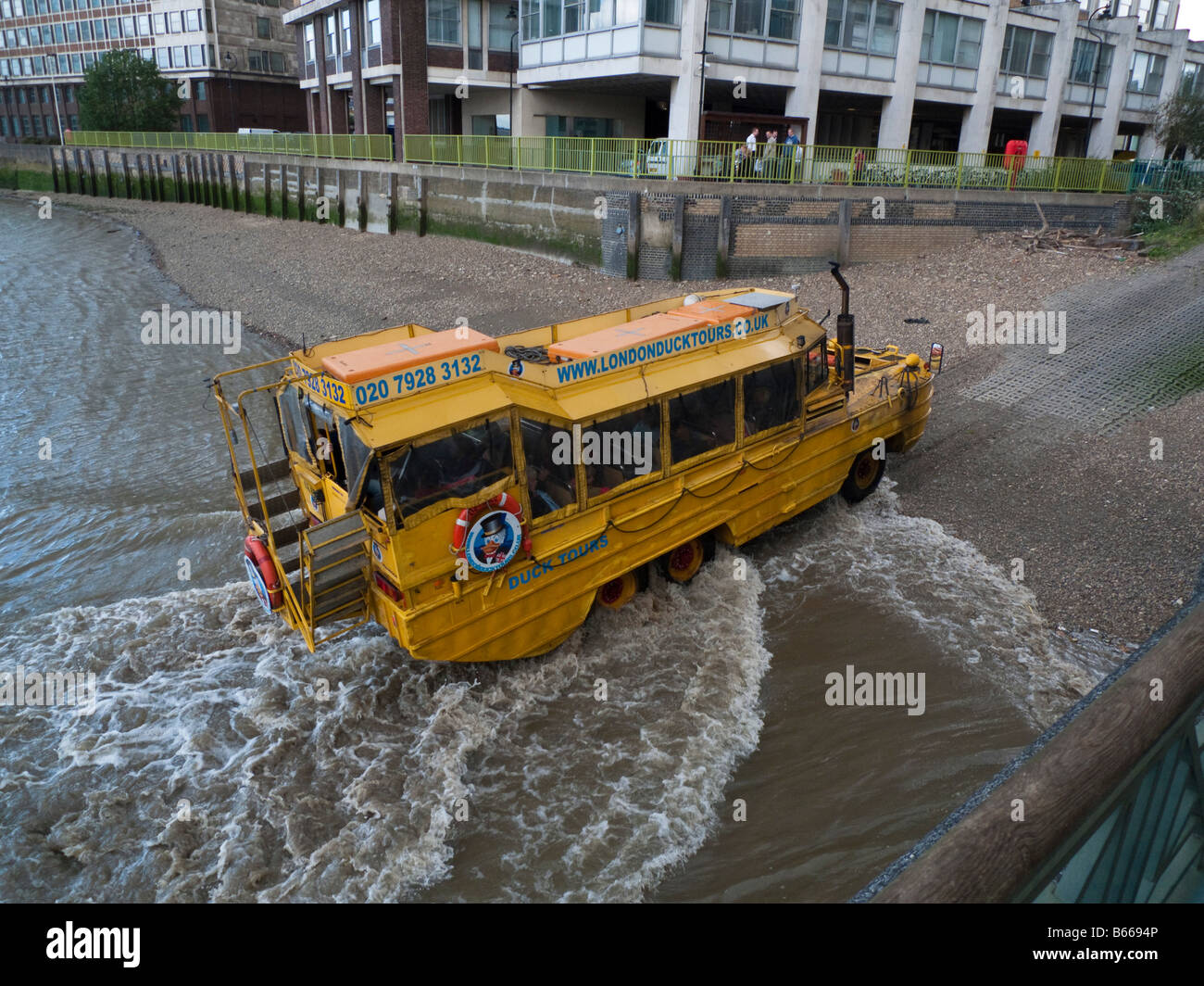 Second World War Duck amphibious landing craft now in use for tours of London leaving the Thames at Vauxhall London Stock Photo