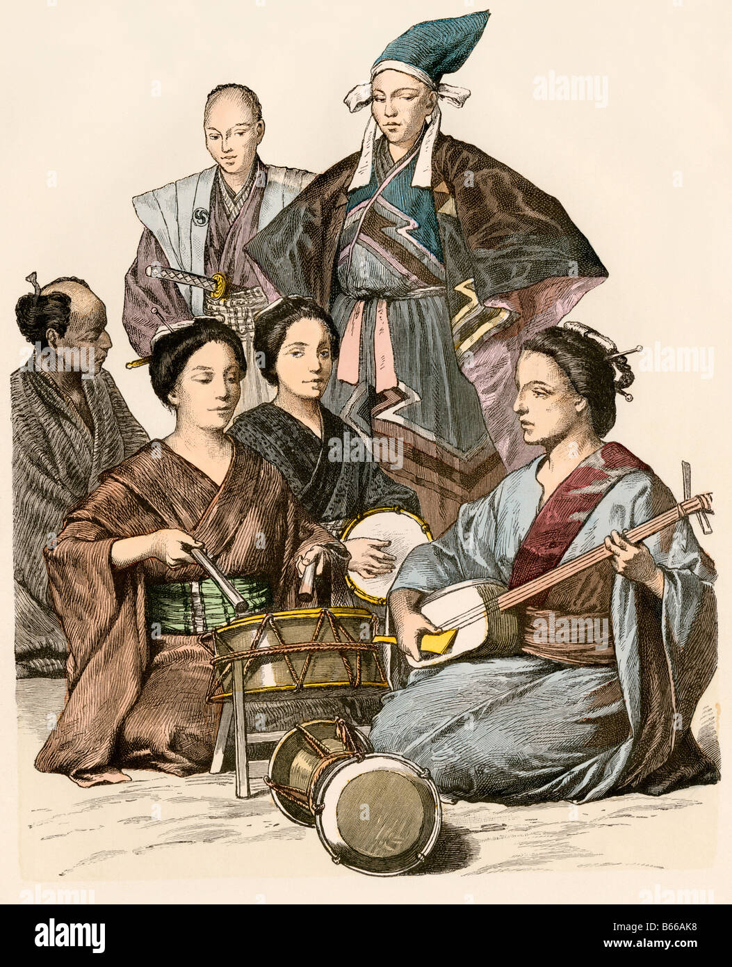 Japanese women playing music and drums wearing traditional clothing. Hand-colored print Stock Photo