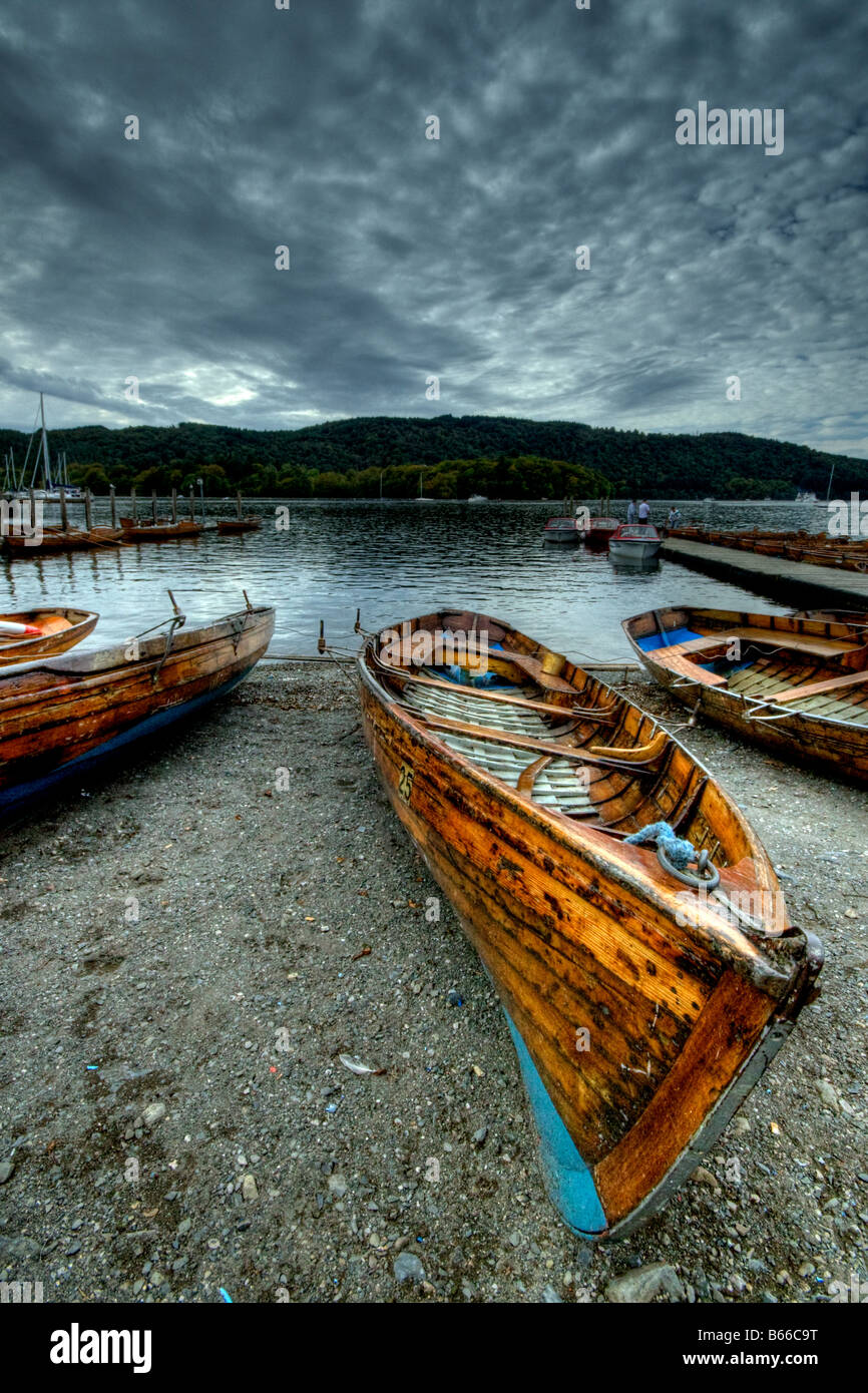 Boats at Bowness on Windermere Belle Isle in the background Lake District Cumbria England United Kingdom Europe Stock Photo