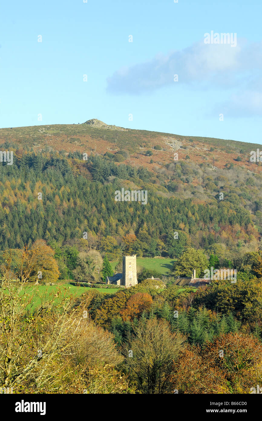 St Peters church at Buckland in the Moor below Buckland Beacon on Dartmoor National Park and
