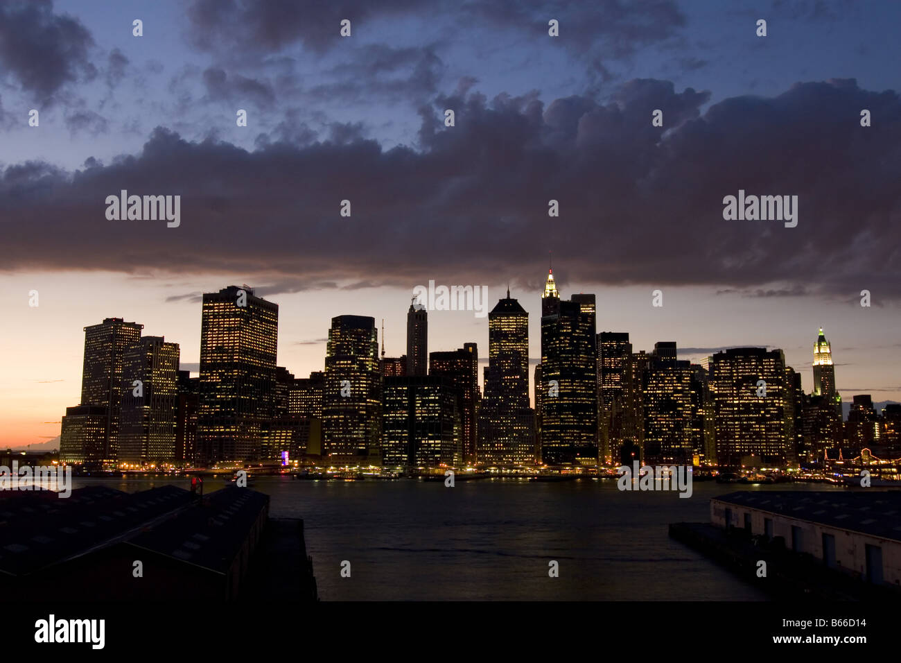 Lower Manhattan skyline at dusk seen from Brooklyn side, New York City ...