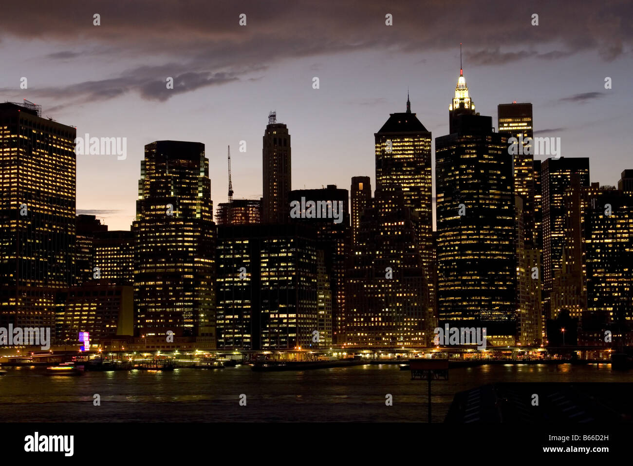 Lower Manhattan skyline at dusk seen from Brooklyn side, New York City ...