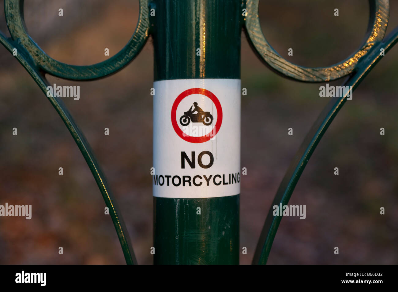 no motorcycling sign in south east london park Stock Photo