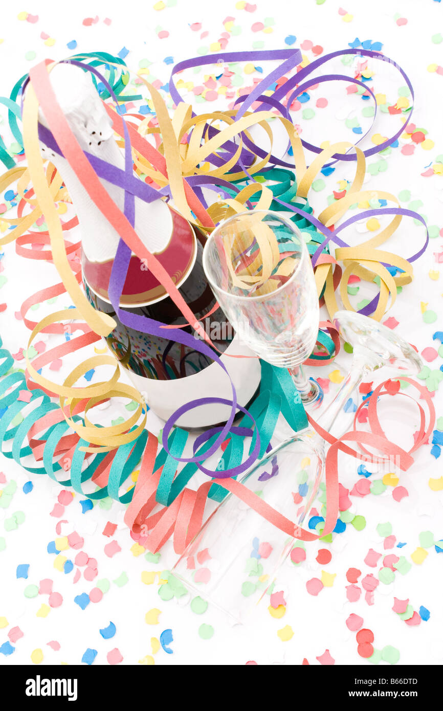 Champagne bottle and flutes on a party setting Stock Photo Alamy