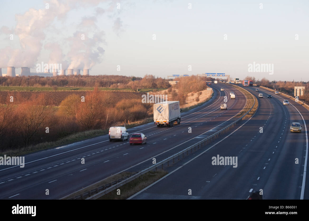 M18 motorway approaching Jcn 35 with M62 near Goole Drax power station in upper left Stock Photo