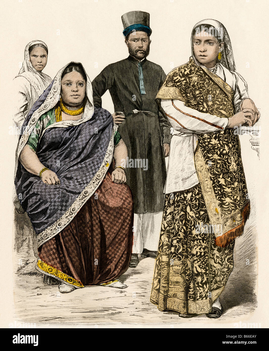 Parsi woman of Bombay and a man and woman from eastern India or Singapore in native dress 1800s. Hand-colored print Stock Photo