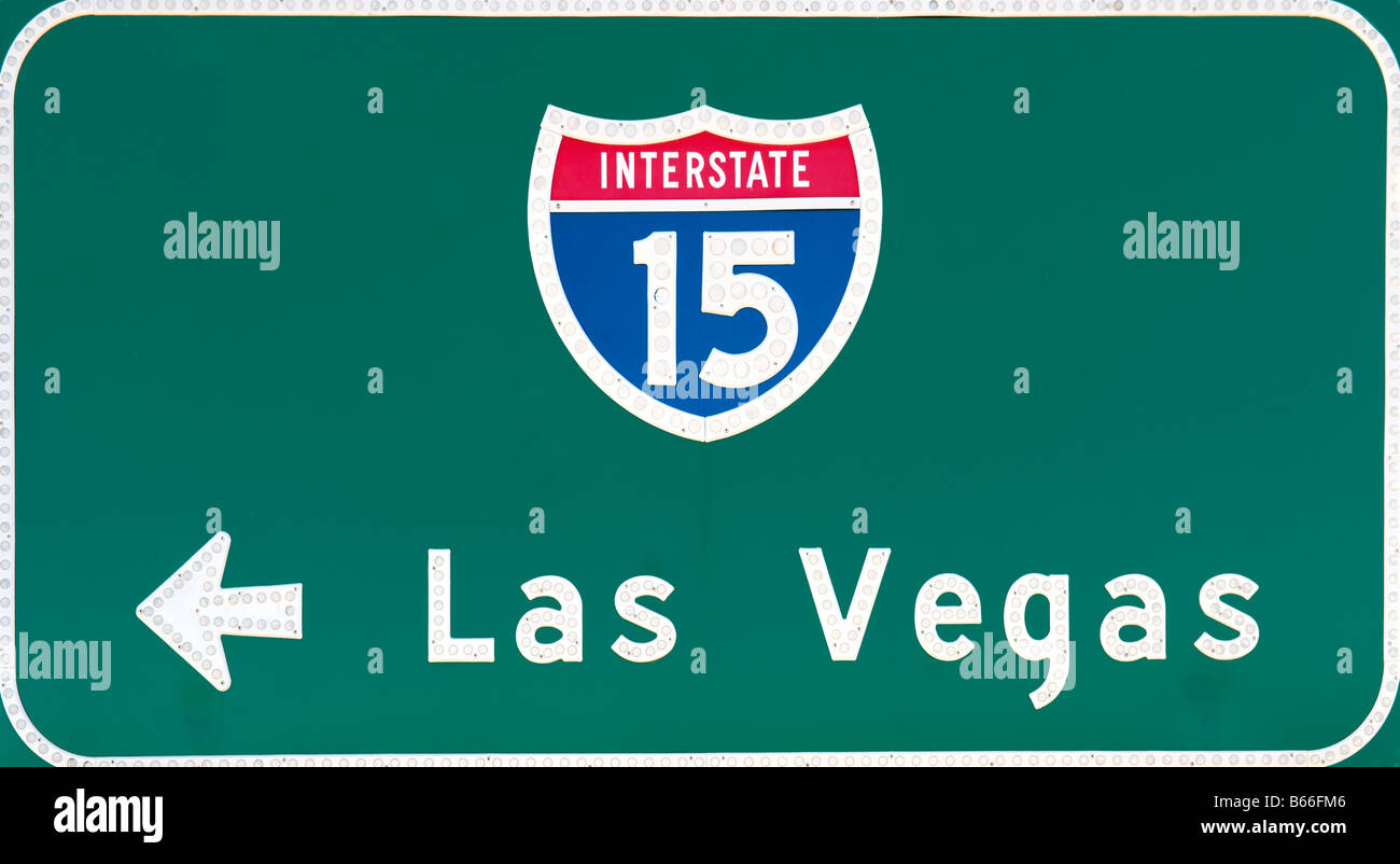 Sign for Interstate 15 to Las Vegas in the Mojave Desert between Las Vegas and Los Angeles, California Stock Photo