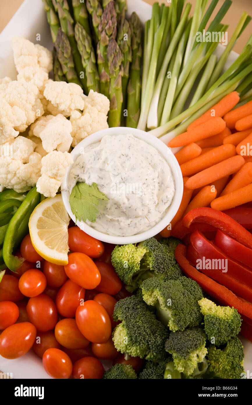Various vegetables with dip Stock Photo