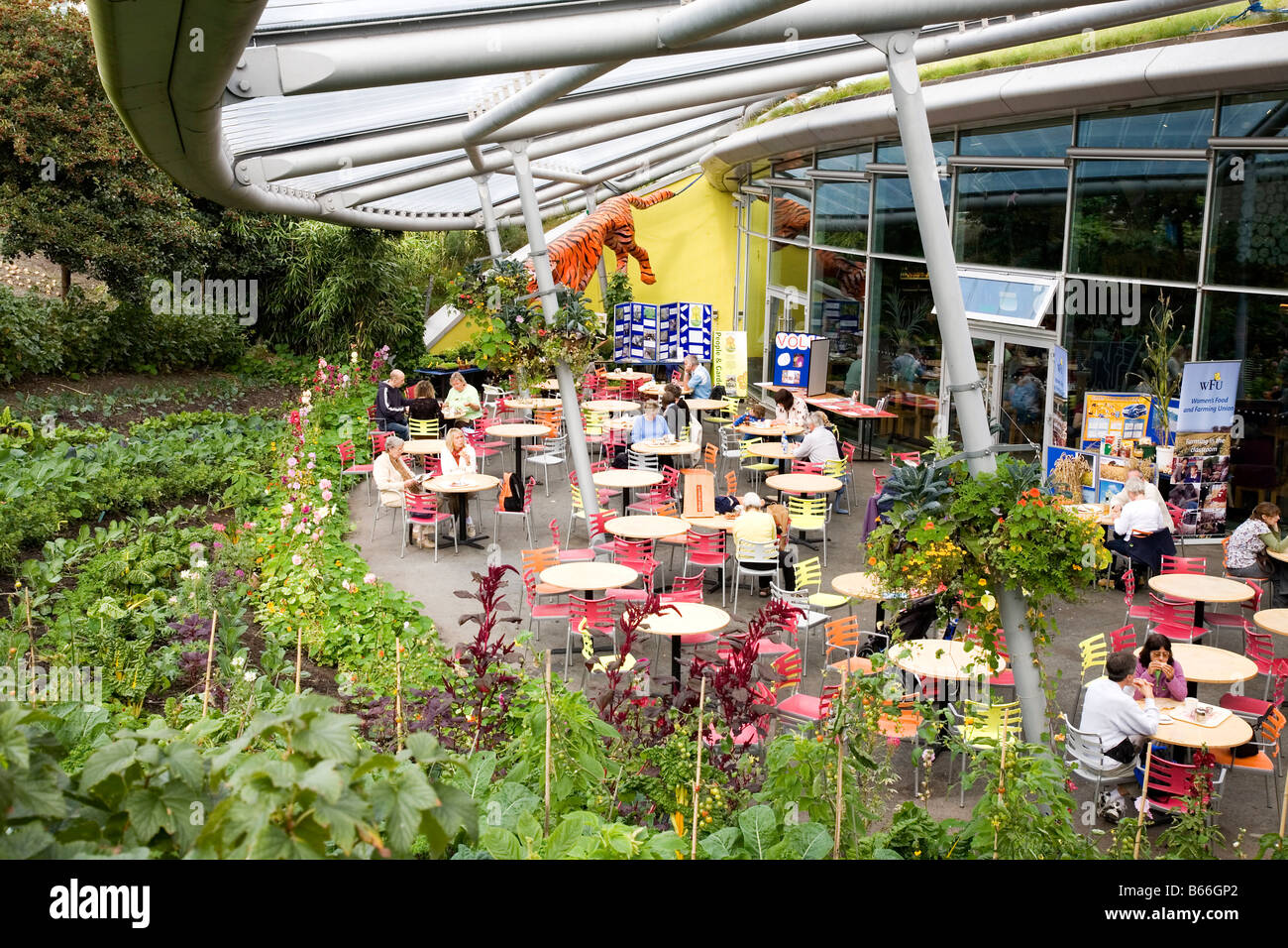 View of the restaurant and outdoor seating at Cornwall's famous Eden