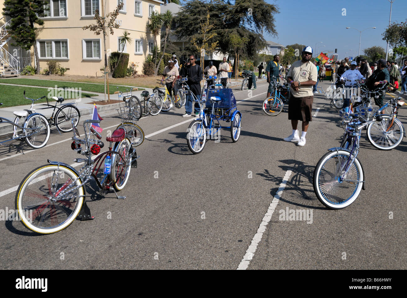 A group of young African American men sporting fantastically imaginative bikes Stock Photo