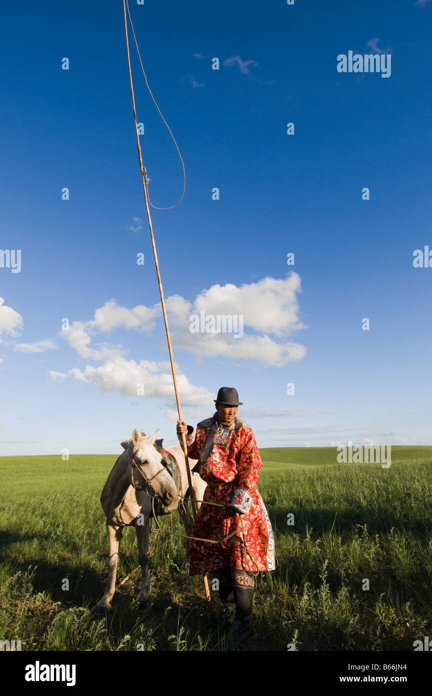 Grasslands herdsman on horseback catches horse with rope and pole urga ...