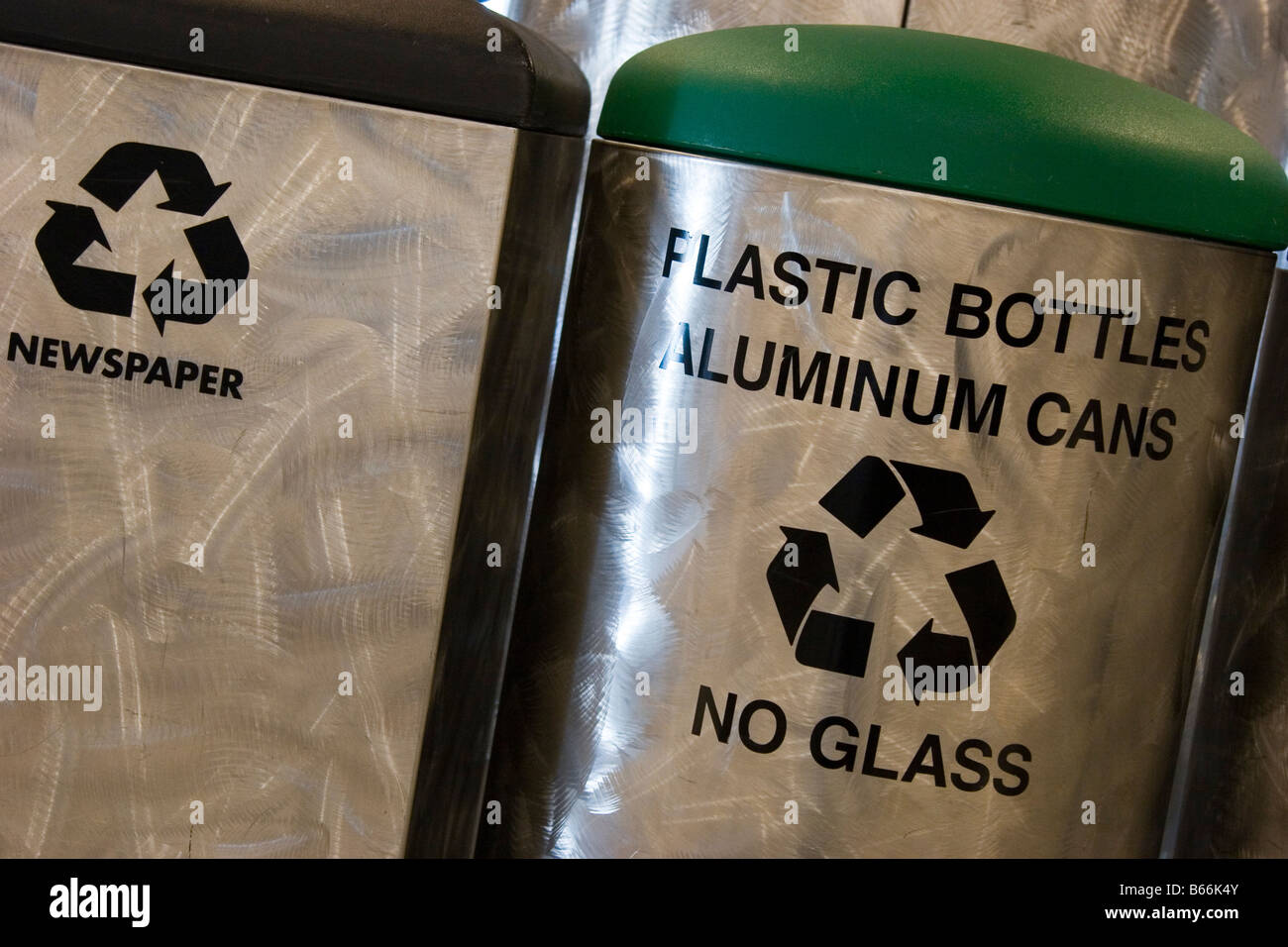 Recycling bins at Denver International Airport, Colorado, USA Stock