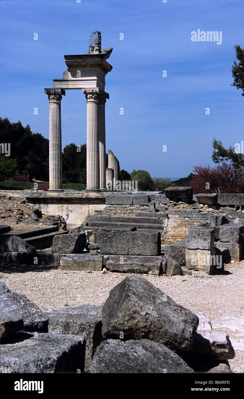 Roman temple to the cult of the Imperial Family, at the Roman ruins of Glanum, Saint-Rémy-de-Provence, France Stock Photo