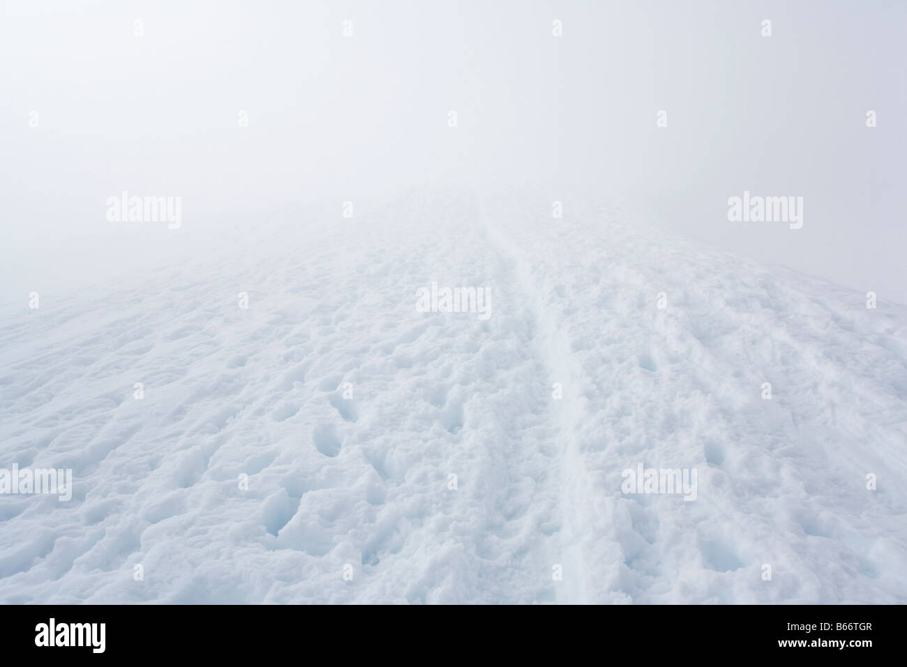 Trail in the snow through a fog bank Stock Photo