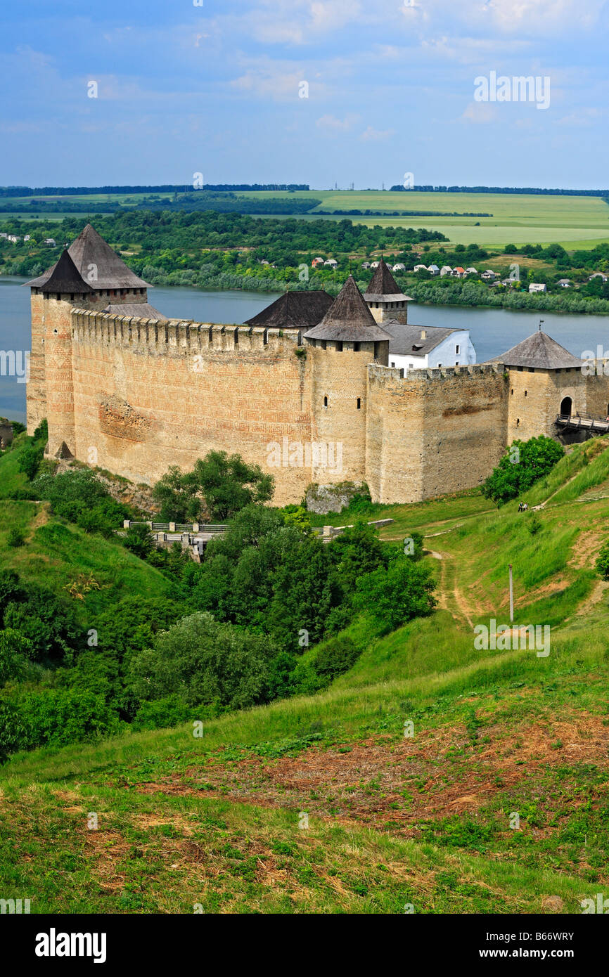 Walls and towers of Khotyn fortress (1325-1460), medieval castle, Dniester river, Podolia, Chernivtsi Oblast (province), Ukraine Stock Photo