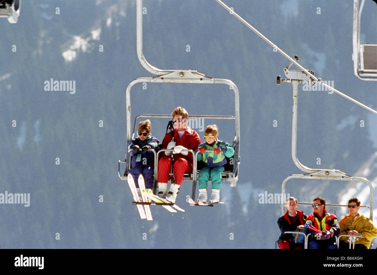 Princess Diana and Princes William and Harry on a chair lift skiing in the Austrian resort of Lech Stock Photo