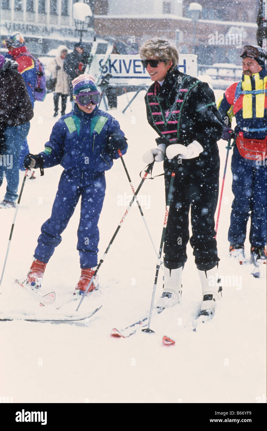 Princess Diana and Prince William skiing at the Austrian ski resort of Lech Stock Photo