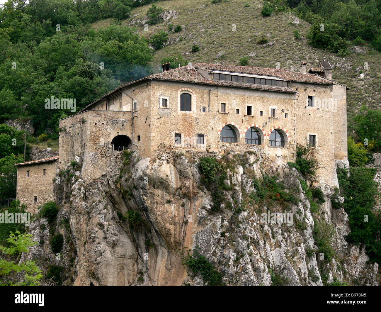 Convent of Sant Angelo d'Ocre, near Fossa, L'Aquila, in the Abruzzo region of central Italy. Stock Photo