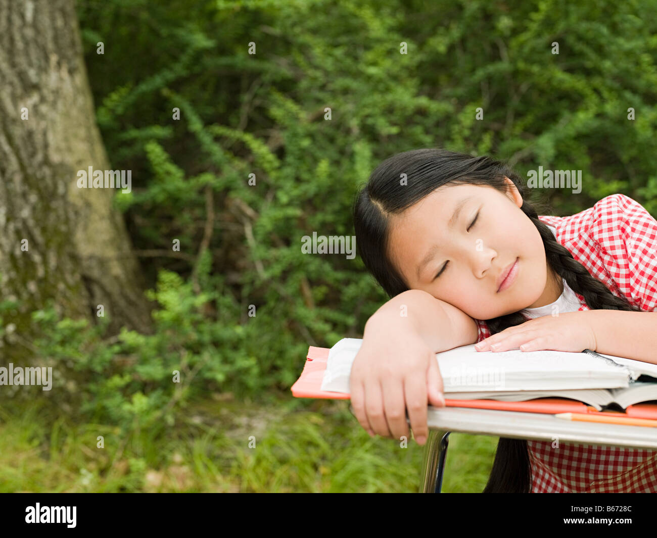 A girl asleep on a desk Stock Photo - Alamy