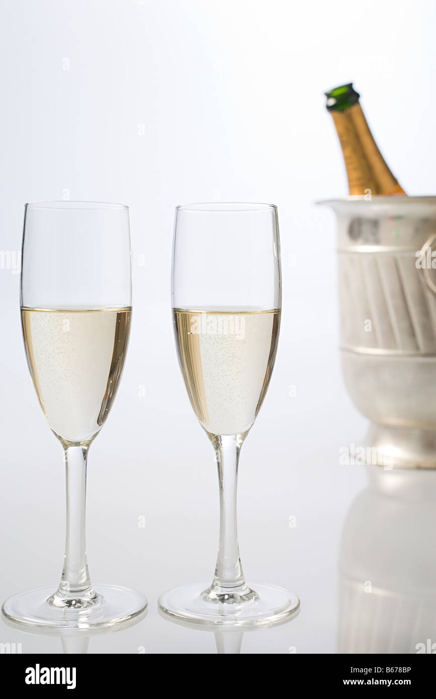 Bottle of champagne and flutes Stock Photo Alamy