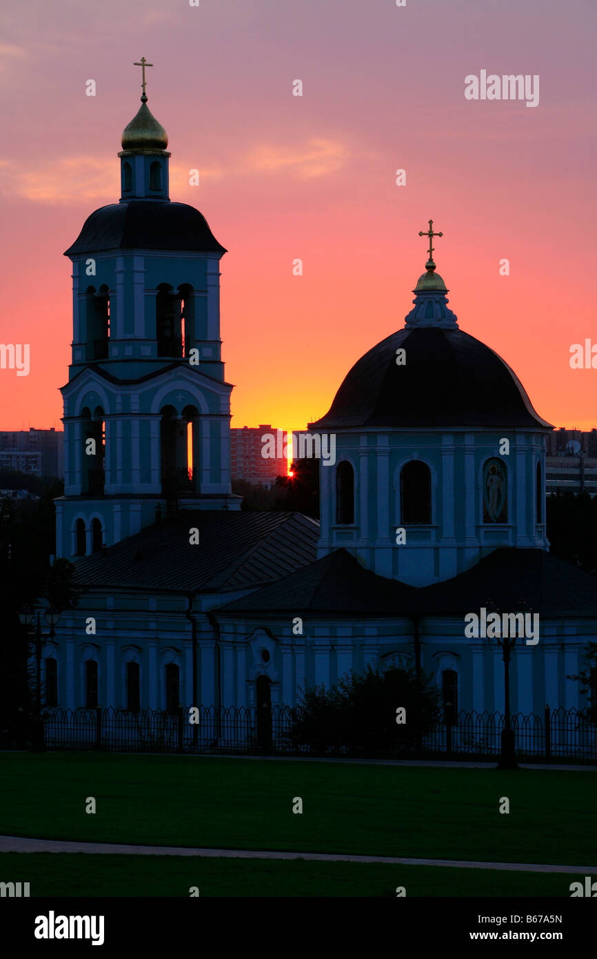 Sunset over the Church of the Holy Mother of God the Source of Life at the 18th century Neo-Gothic Tsaritsyno Estate in Moscow, Russia Stock Photo