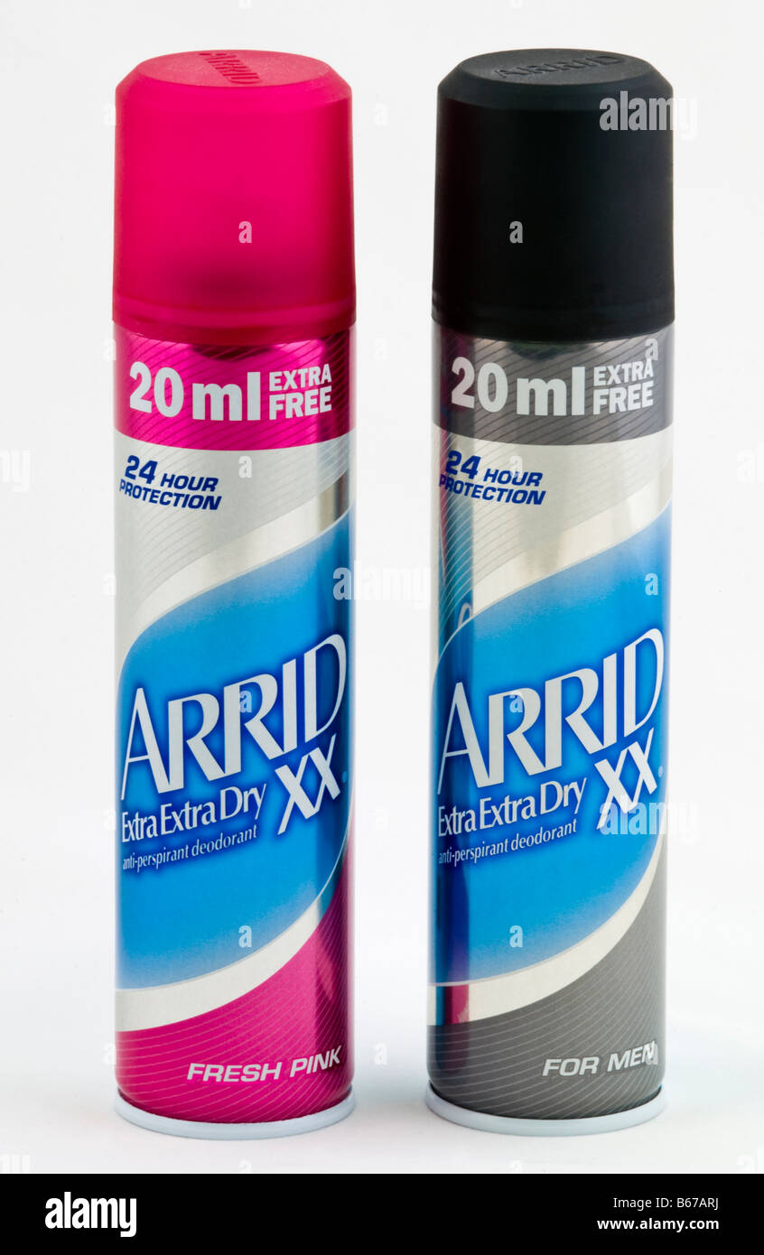Arrid Extra Extra Dry anti perspirant deodorant Fresh Pink and For Men sold in the UK Stock Photo
