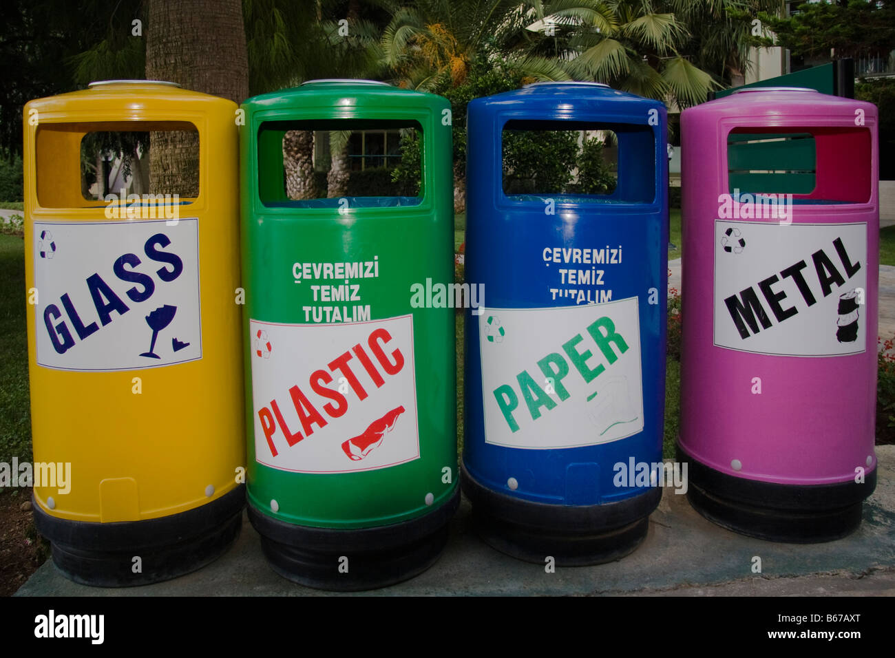 Recycle bins paper glass metal plastic hires stock photography and