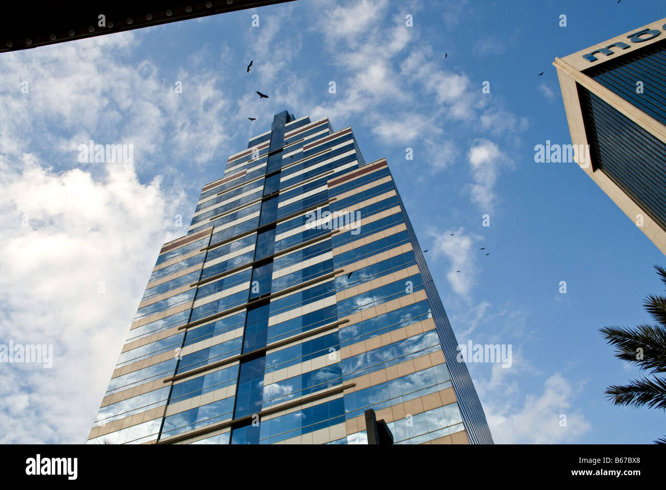 Tall skyscraper building with mirror windows with bright blue sky in