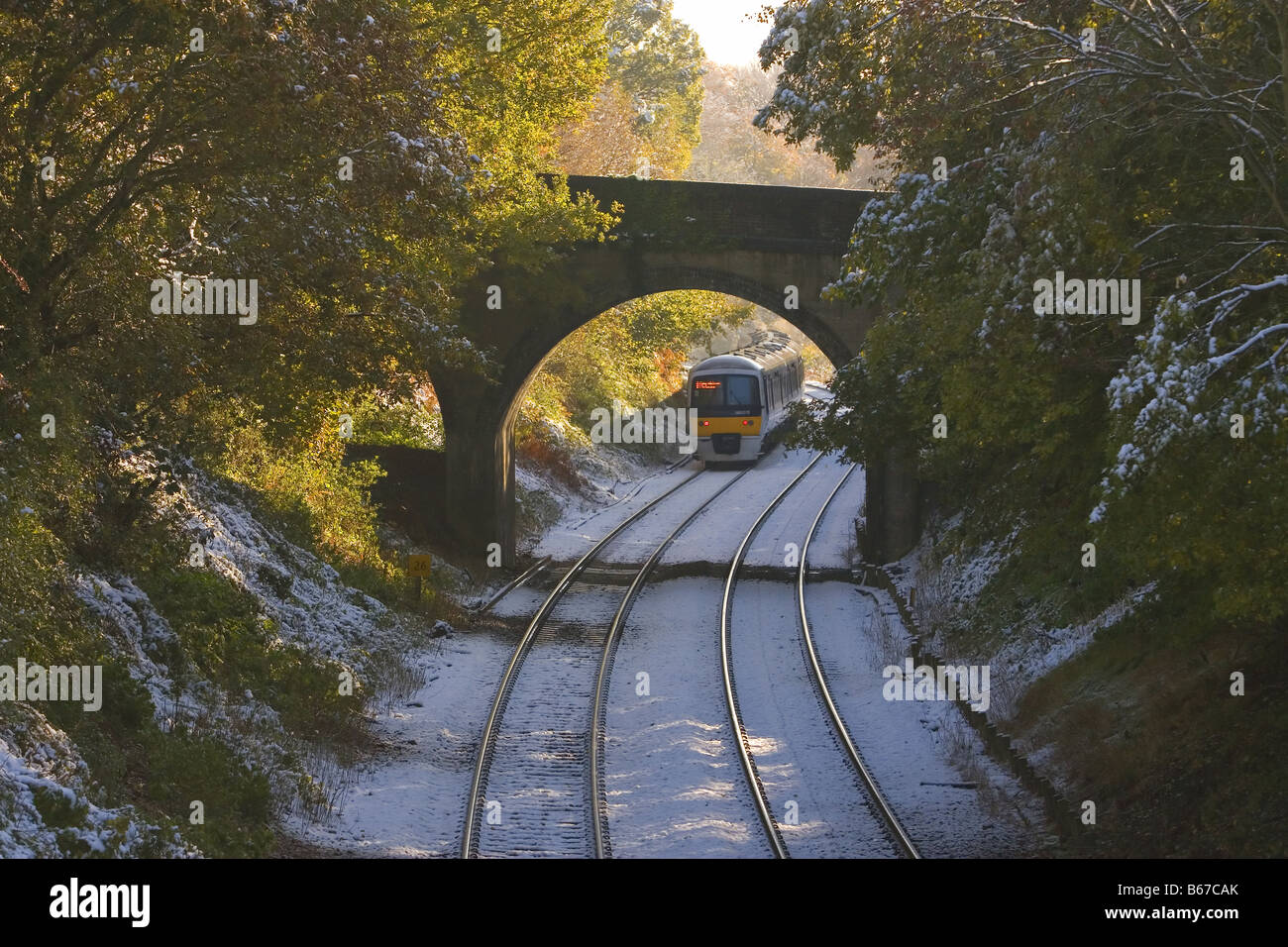 Railway line in snow Stock Photo