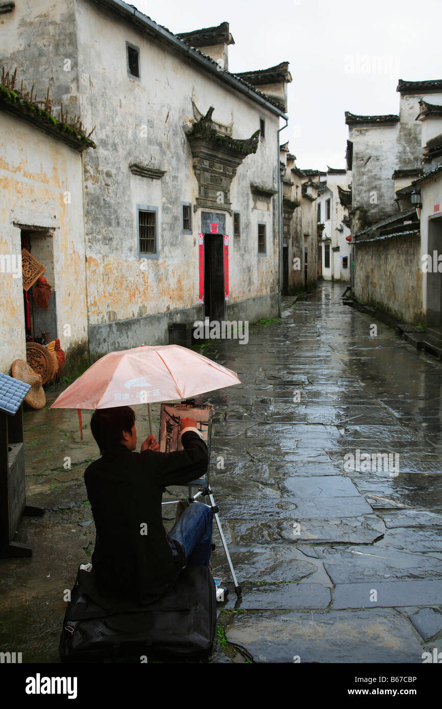 China Anhui Province Xidi village street scene painter Stock Photo