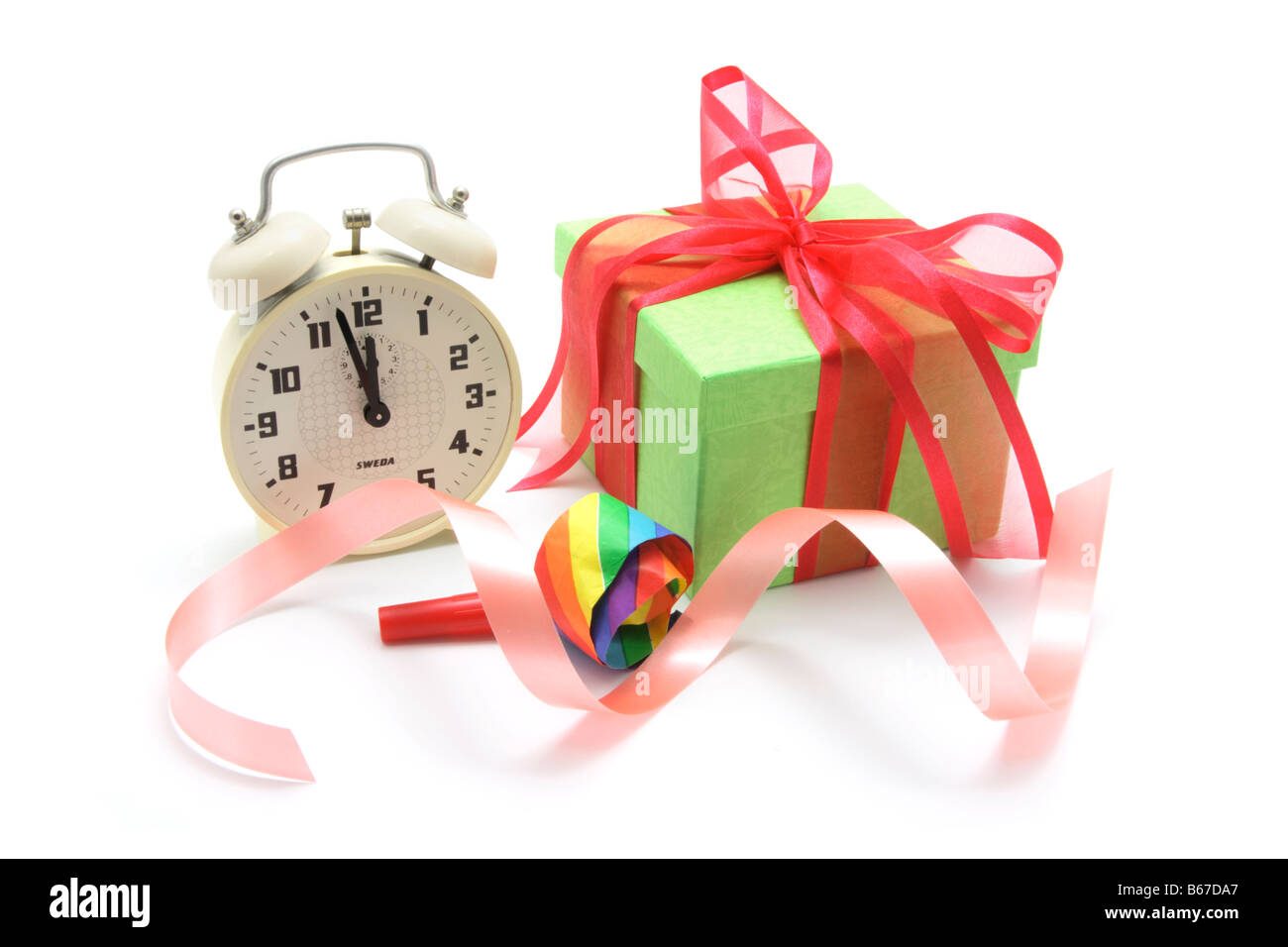 Gift Parcel and Alarrm Clock Stock Photo