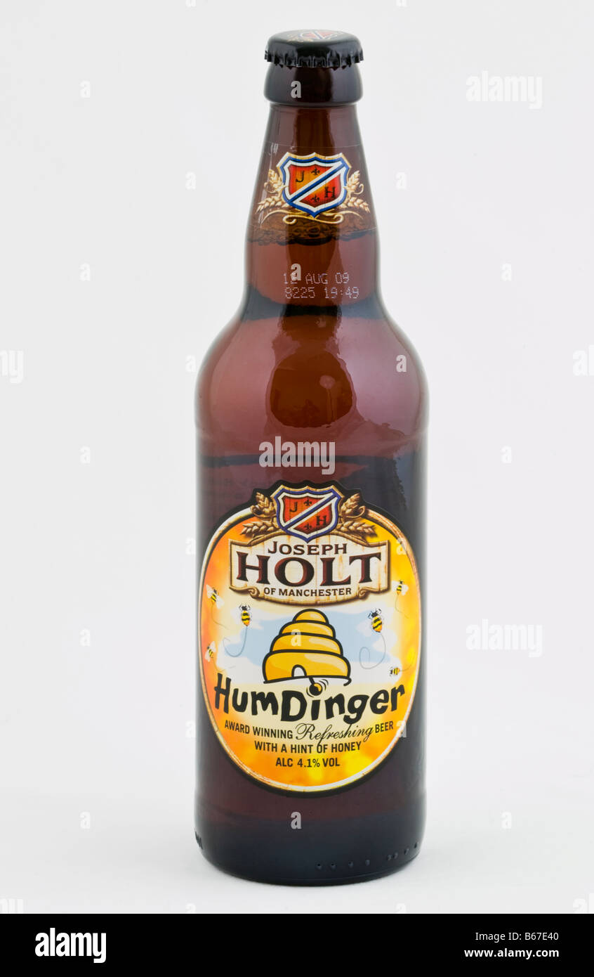 Bottle of Humdinger beer with a hint of honey brewed at Joseph Holt Brewery Manchester England UK Stock Photo